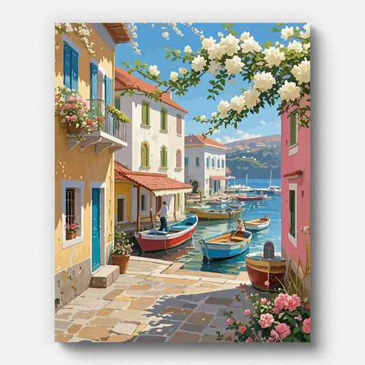 Fishing Village Harbor Paint by Numbers for Adults by Paintarthub - Finished Wall Art