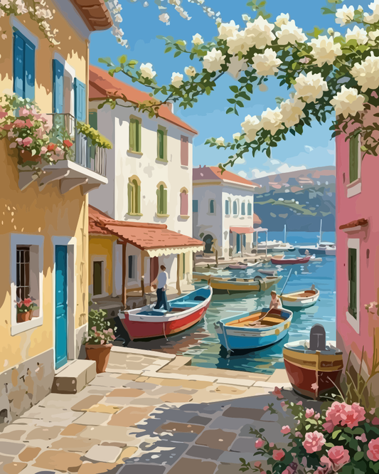 Fishing Village Harbor Paint by Numbers for Adults by Paintarthub