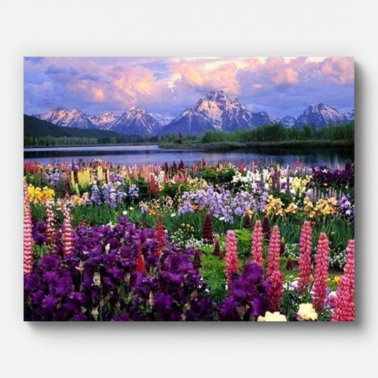 Flower Field by the Lake Paint by Numbers for Adults by Paintarthub - Finished Wall Art