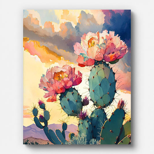 Flower Prickly Pear Cactus Sunset Paint by Numbers for Adults by Paintarthub - Finished Wall Art