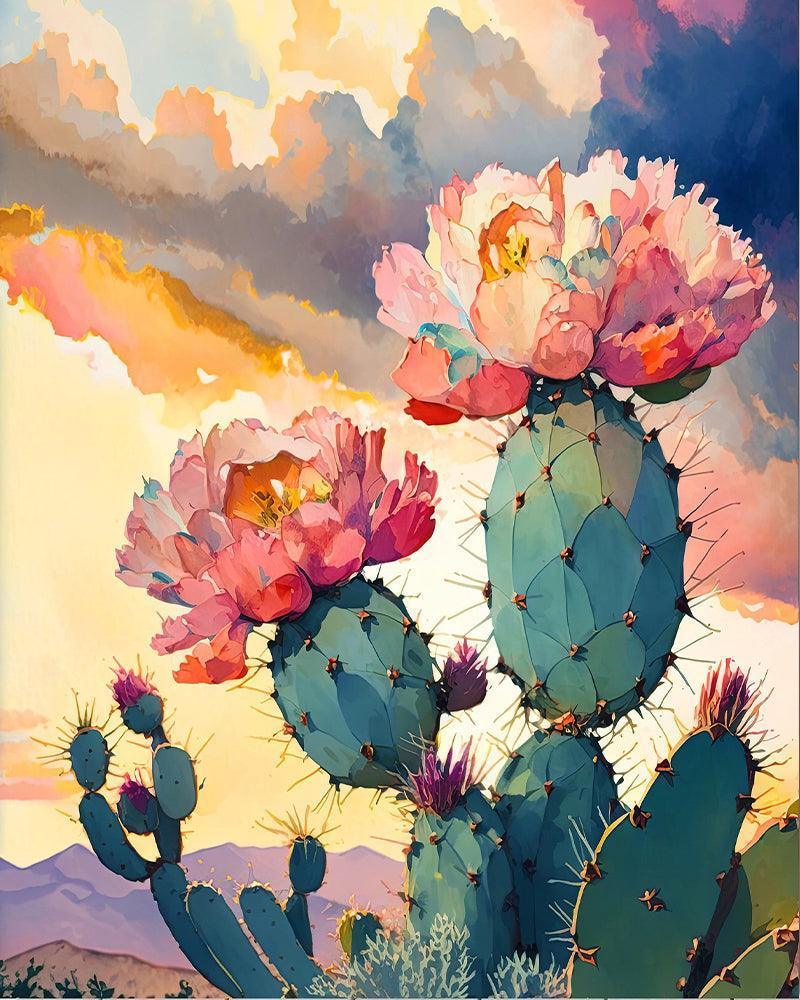 Flower Prickly Pear Cactus Sunset Paint by Numbers for Adults by Paintarthub