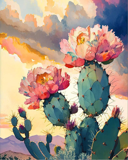 Flower Prickly Pear Cactus Sunset Paint by Numbers for Adults by Paintarthub