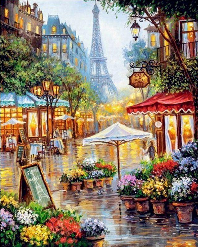 Flower Shop on the Streets of Paris Paint by Numbers for Adults by Paintarthub