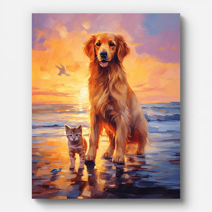 Golden Retriever and Kitten Paint by Numbers for Adults by Paintarthub - Finished Wall Art