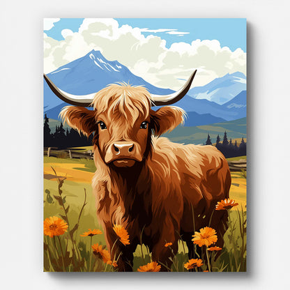 Highland Cow and Flower Paint by Numbers for Adults by Paintarthub - Finished Wall Art
