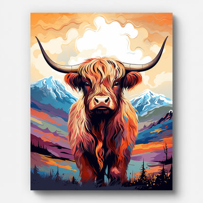 Highland Cow with Mountain Paint by Numbers for Adults by Paintarthub - Finished Wall Art