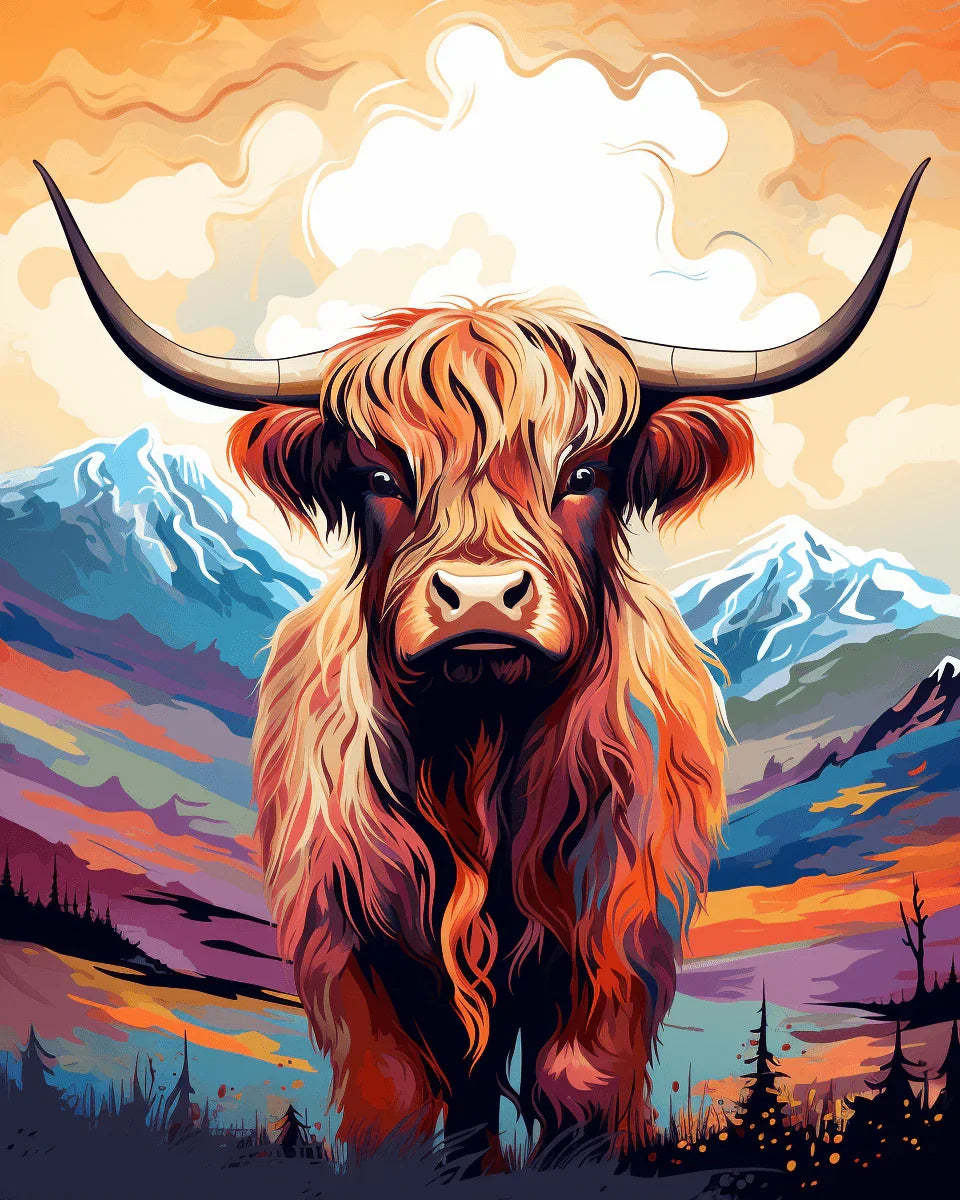 Highland Cow with Mountain Paint by Numbers for Adults by Paintarthub
