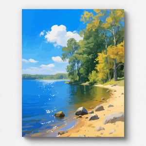 Landschaft am See – Malen nach Zahlen für Erwachsene – fertiges Wandbild