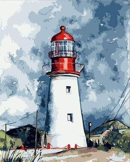 Lighthouse Under Cloudy Paint by Numbers for Adults by Paintarthub