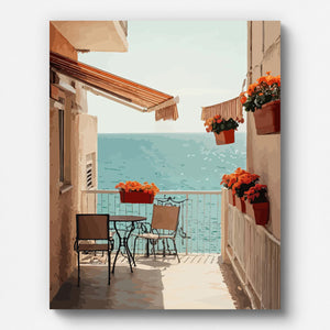 Balcon méditerranéen face à la mer – peinture par numéros pour adultes – tableau mural terminé