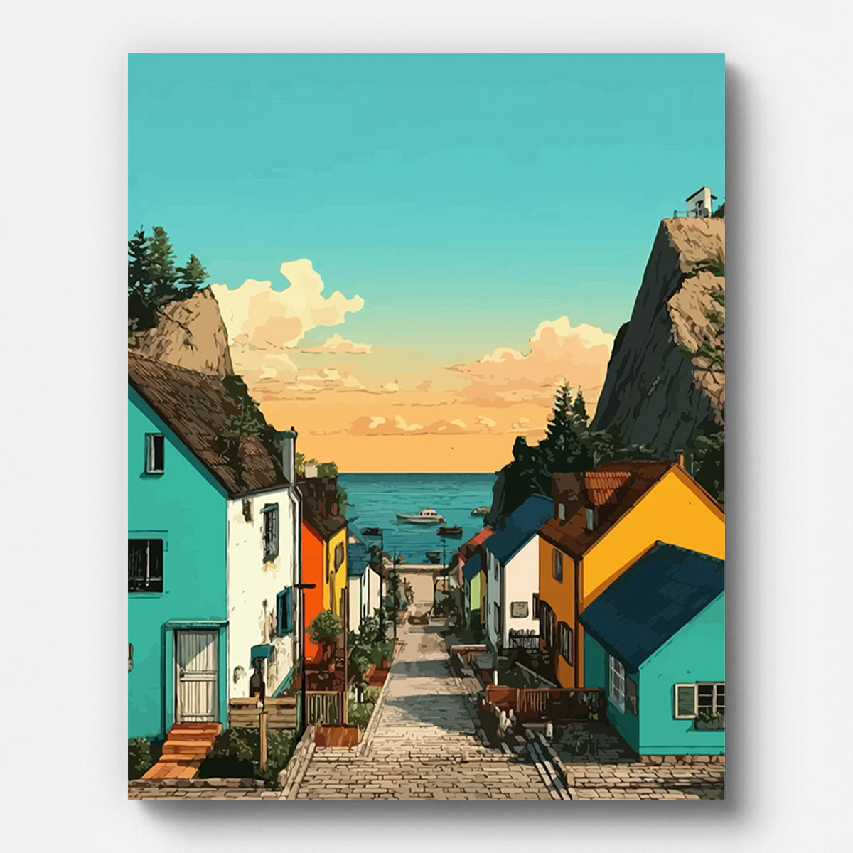 Mediterranean Coastal Town Paint by Numbers for Adults by Paintarthub - Finished Wall Art