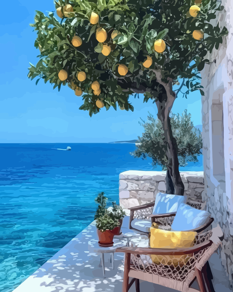 Mediterranean Terrace Sea View Paint by Numbers for Adults by Paintarthub