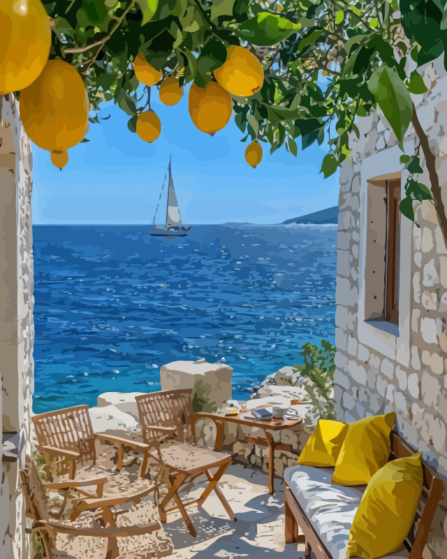 Mediterranean Terrace Sea View Paint by Numbers for Adults by Paintarthub