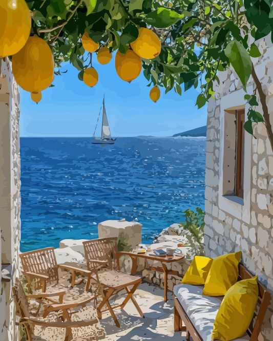 Mediterranean Terrace Sea View Paint by Numbers for Adults by Paintarthub