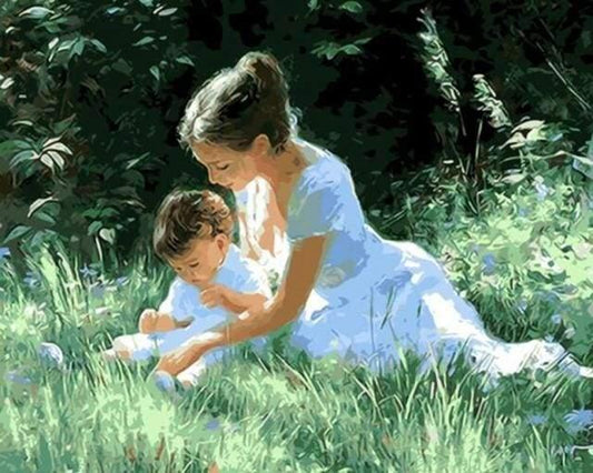 Mother and Child in Grass Paint by Numbers for Adults by Paintarthub
