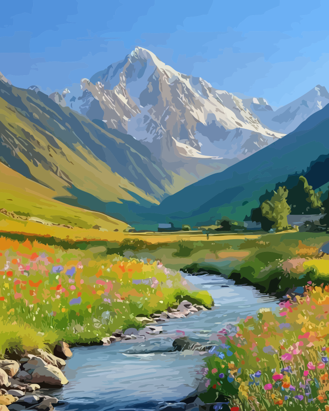 Mountain Countryside Alpine Stream Paint by Numbers for Adults by Paintarthub