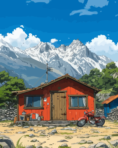 Mountain Countryside Red Cabin Paint by Numbers for Adults by Paintarthub