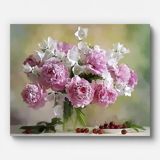 Peonies and Cherry Flowers Paint by Numbers for Adults by Paintarthub - Finished Wall Art