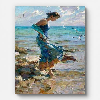 Playing by The Seaside Paint by Numbers for Adults by Paintarthub - Finished Wall Art