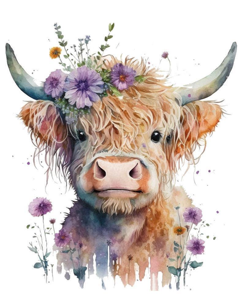 Purple Floral Highland Cow Paint by Numbers for Adults by Paintarthub