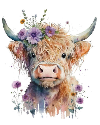 Purple Floral Highland Cow Paint by Numbers for Adults by Paintarthub