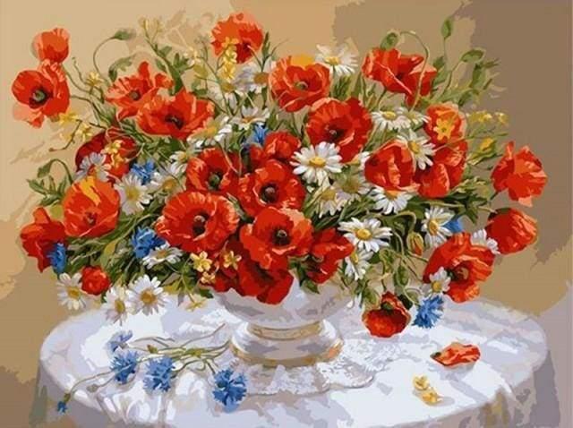 Red Flowers Buquet on Table Paint by Numbers for Adults by Paintarthub