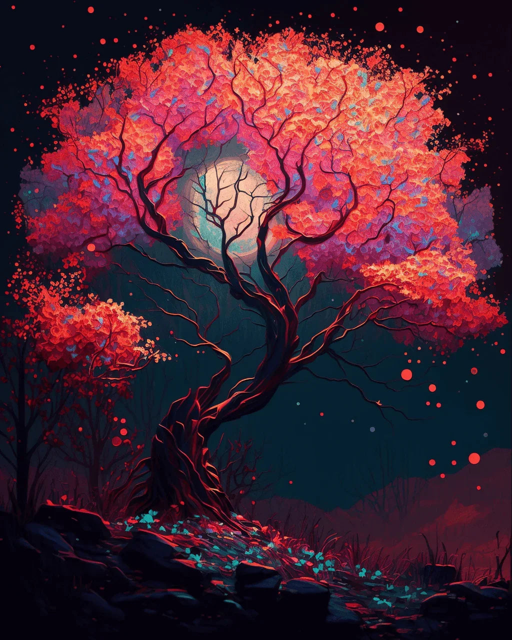 Red Glowing Trees at Night Paint by Number for Adults by Paintarthub