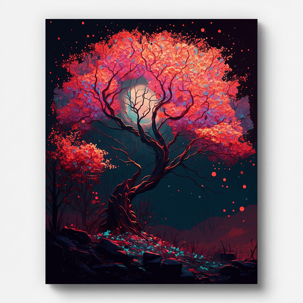 Red Glowing Trees at Night Paint by Numbers for Adults by Paintarthub - Finished Wall Art