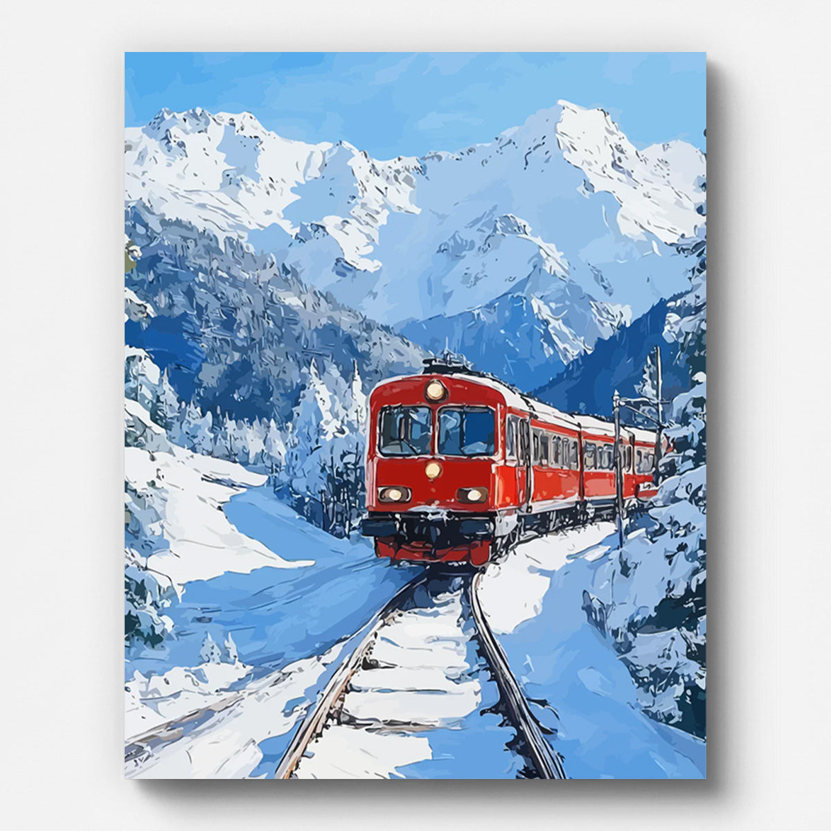 Red Train through Snowy Valley Paint by Numbers for Adults by Paintarthub - Finished Wall Art