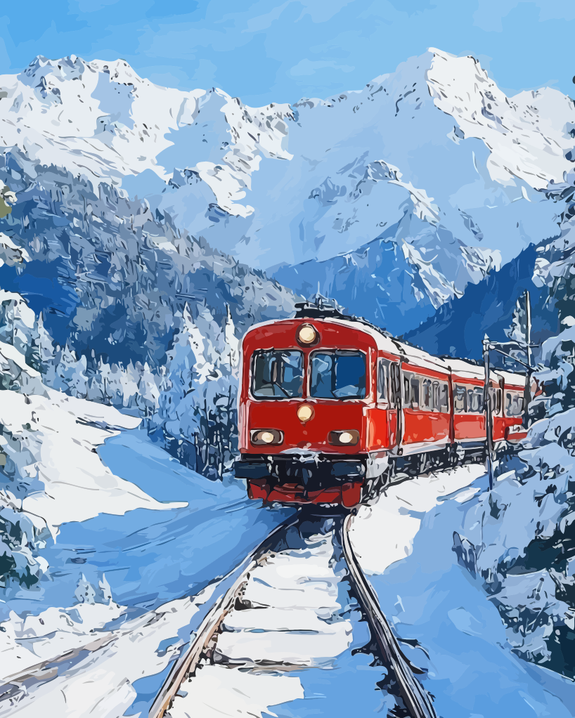 Red Train through Snowy Valley Paint by Numbers for Adults by Paintarthub