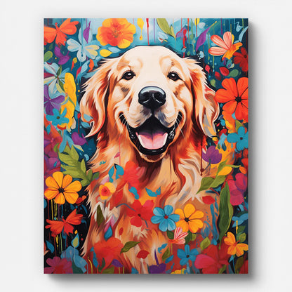 Retriever and Flowers Paint by Numbers for Adults by Paintarthub - Finished Wall Art