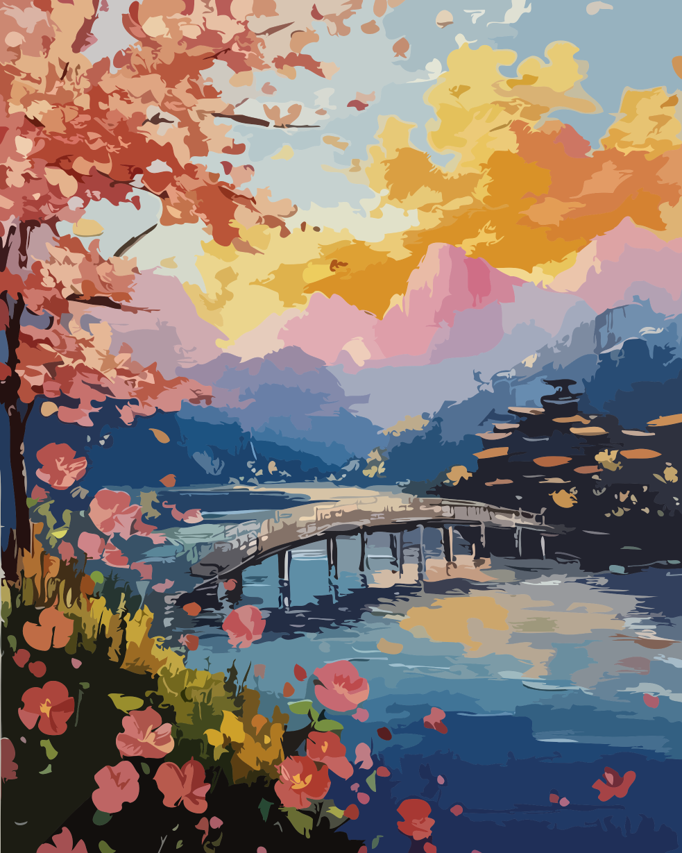 River Bridge and Blossom Tree Paint by Numbers for Adults by Paintarthub