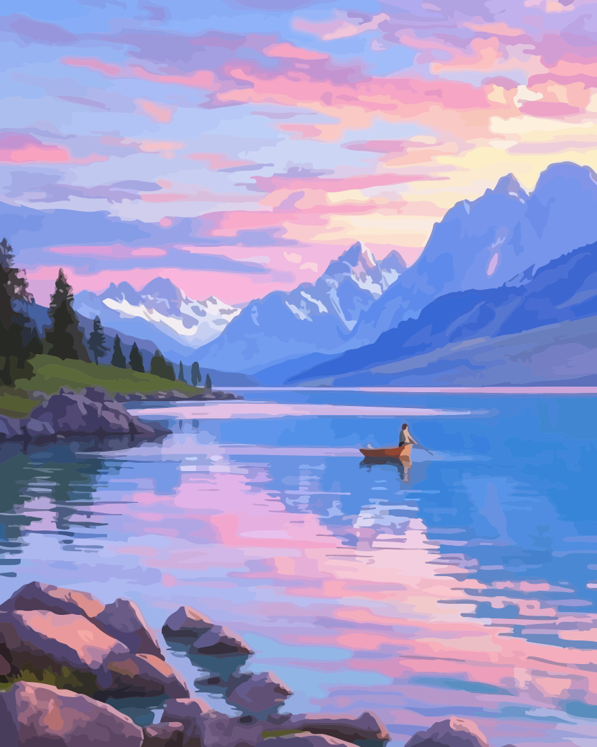 Romantic Sunset Lake with Mountains Paint by Numbers for Adults by Paintarthub