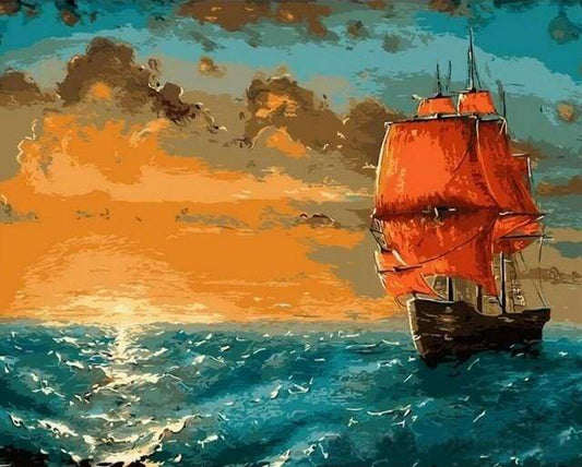 Sailing Boat at Sunrise Paint by Numbers