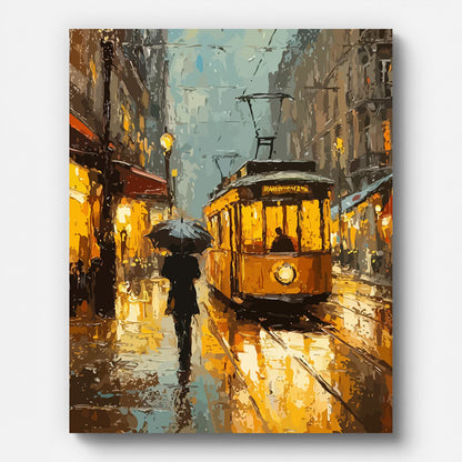 San Francisco Cable Car Rainy Night Paint by Numbers for Adults by Paintarthub - Finished Wall Art