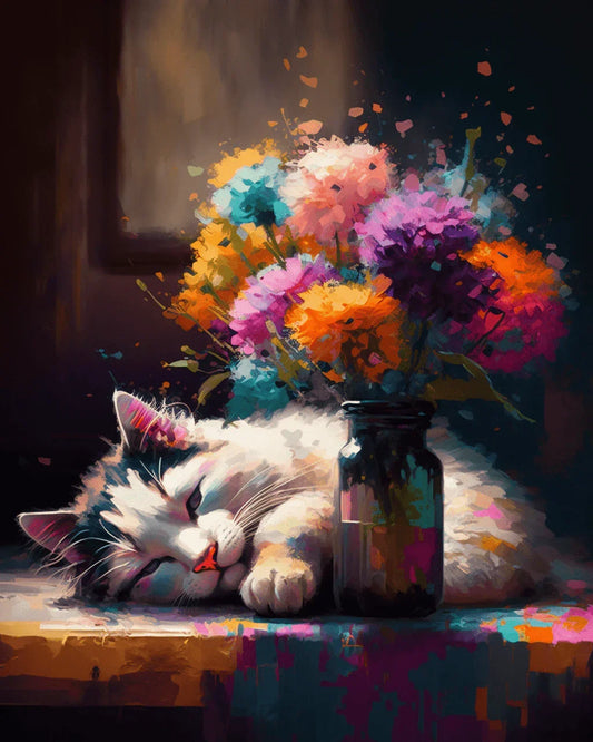 Sleeping Cat and Flowers Paint by Number for Adults by Paintarthub