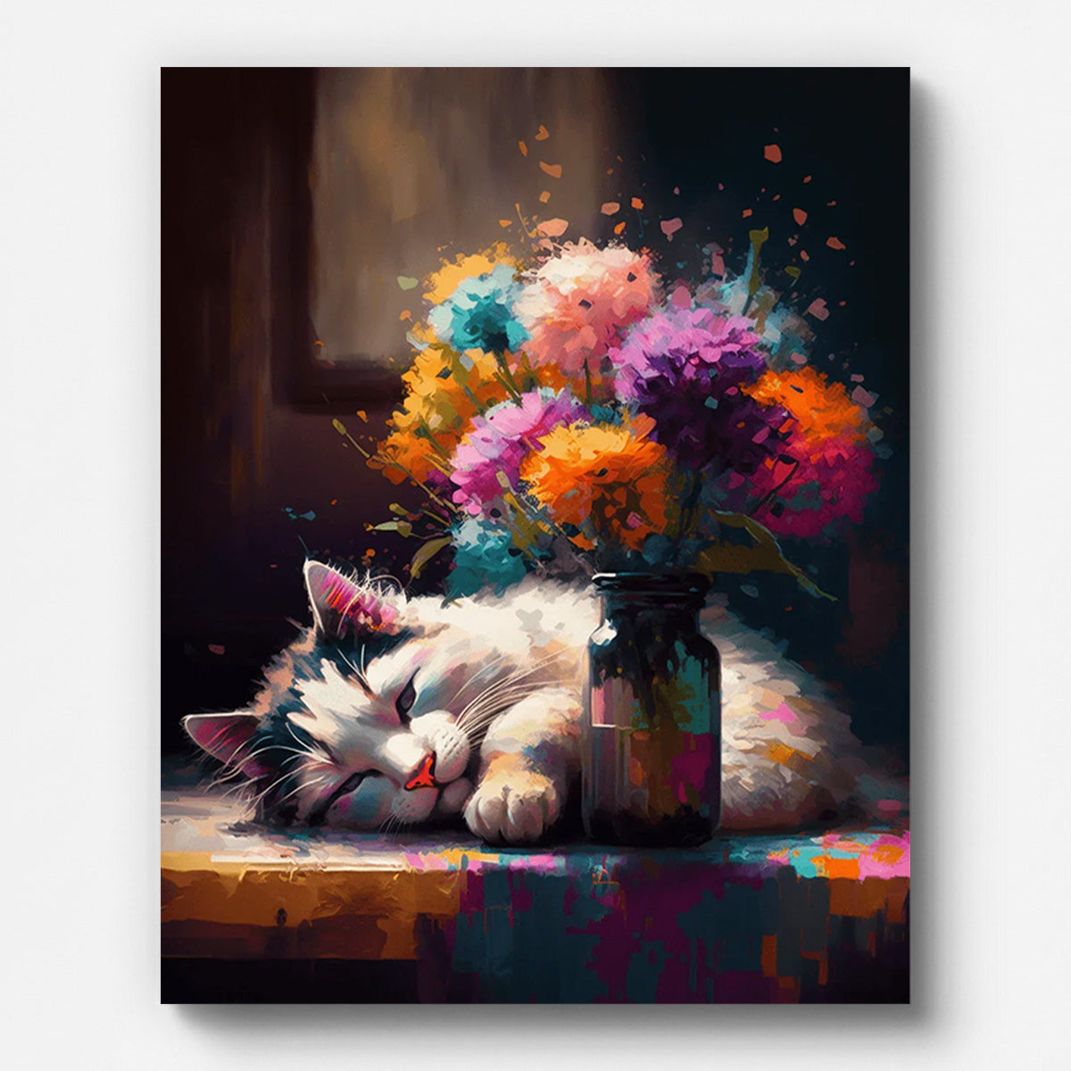 Sleeping Cat and Flowers Paint by Numbers for Adults by Paintarthub - Finished Wall Art
