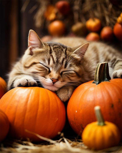 Sleeping Cat on Pumpkins Paint by Numbers for Adults by Paintarthub