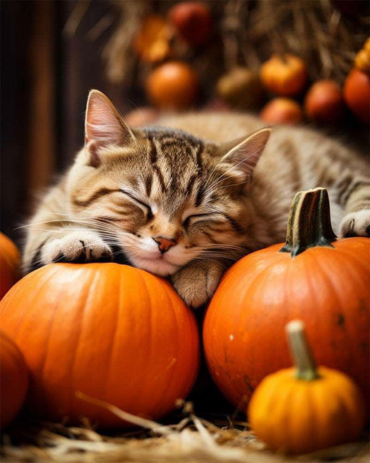 Sleeping Cat on Pumpkins Paint by Numbers for Adults by Paintarthub