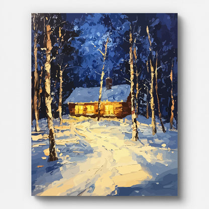Snowy Cabin in Forest Paint by Numbers for Adults by Paintarthub - Finished Wall Art