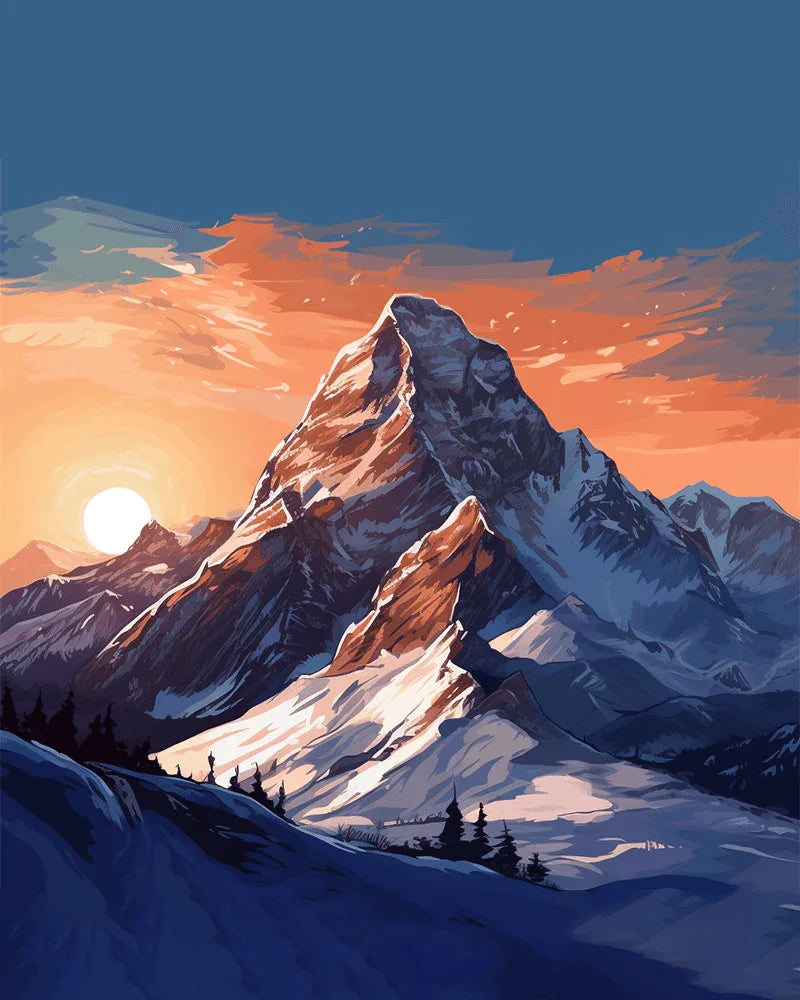 Snowy Mountain Sunset Paint by Numbers for Adults by Paintarthub