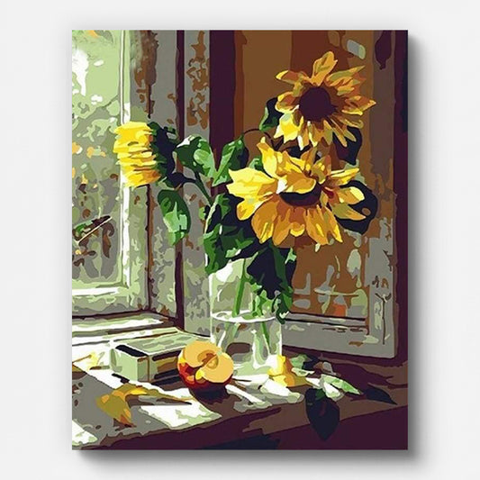 Sunflowers and Apple by Window Paint by Numbers for Adults by Paintarthub - Finished Wall Art