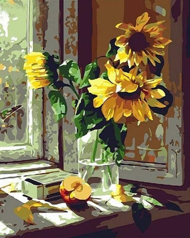 Sunflowers and Apple by Window Paint by Numbers for Adults by Paintarthub