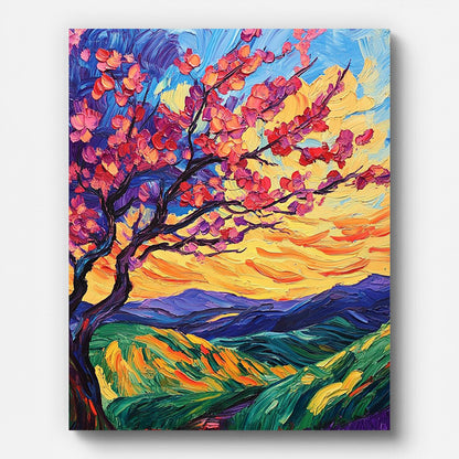 Sunset Cherry Blossom Tree Paint by Numbers for Adults by Paintarthub - Finished Wall Art