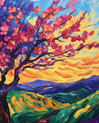 Sunset Cherry Blossom Tree Paint by Numbers for Adults by Paintarthub