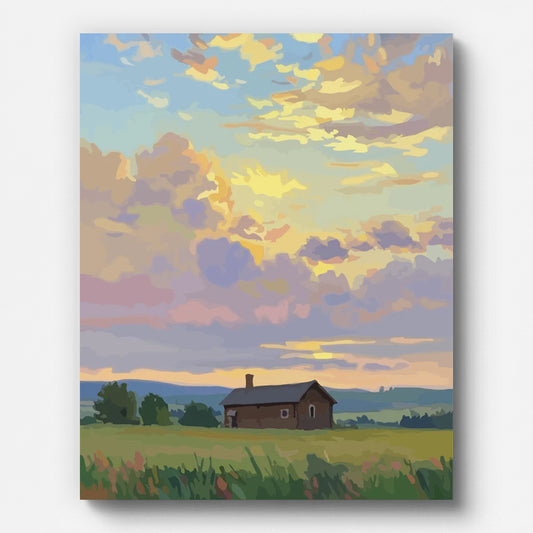 Sunset Countryside Cabin Paint by Numbers for Adults by Paintarthub - Finished Wall Art