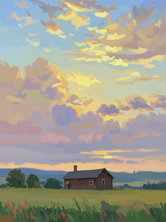 Sunset Countryside Cabin Paint by Numbers for Adults by Paintarthub