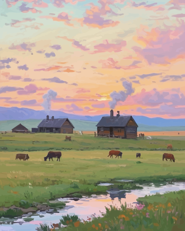 Sunset Countryside Stream Paint by Numbers for Adults by Paintarthub