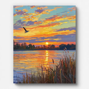 Roseaux sur le lac au coucher du soleil – peinture par numéros pour adultes – tableau mural terminé