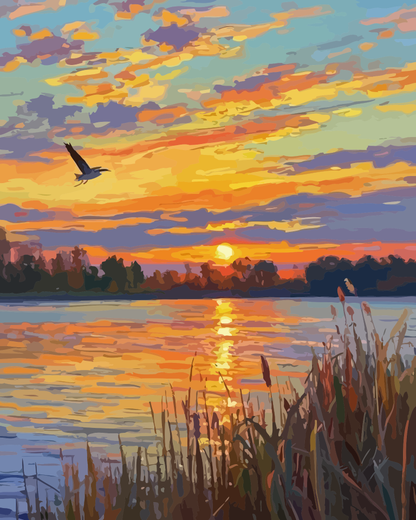 Sunset Lake Reeds Paint by Numbers for Adults by Paintarthub